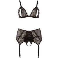 3-teiliges Strapsset, ouvert, aus Blütenspitze mit Zierschnürung