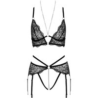 Bralette plus Straps-String ouvert aus Spitze mit Samtdetails